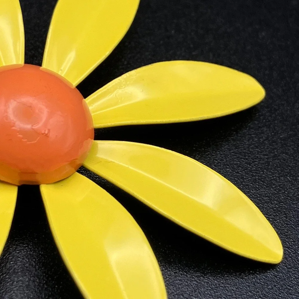 Vintage Enamel Daisy Flower Brooch Yellow Orange Large Mod Floral Pin 2.75in
